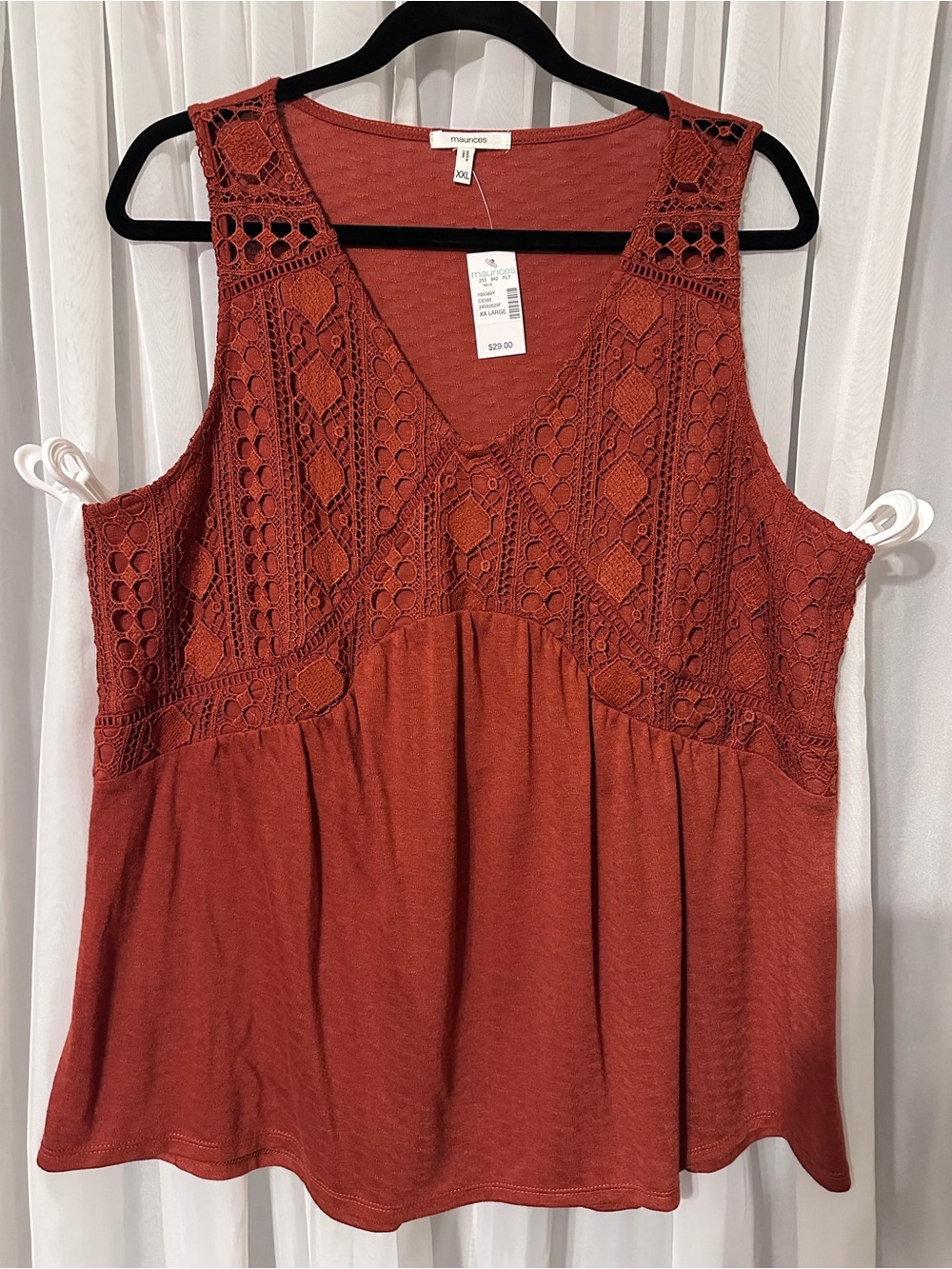 Maurices Rust lace Detail V-Neck Tank Top Size XXL